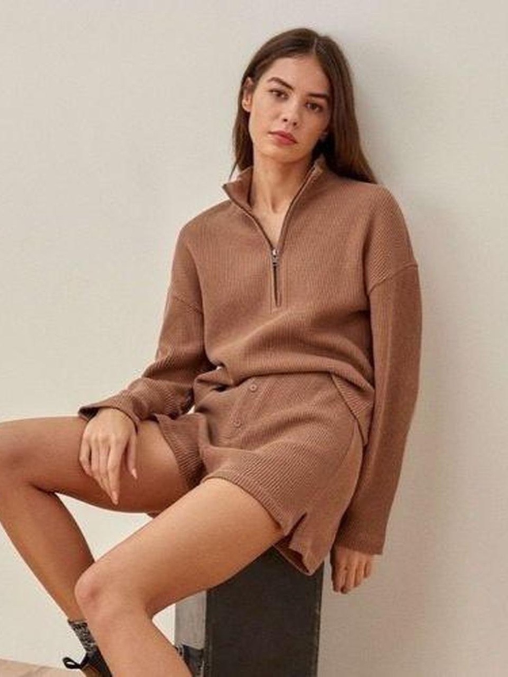 Reformation Jeans Yale Waffle Zip Pullover Brown Cotton Sweater M